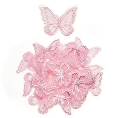 Imagem de letsinstyle 30 peças de apliques de renda borboleta de camada dupla rosa, aplique de bordado de tecido de renda borboleta de organza, aplique de reparo de borboletas para roupas, cortina de vestido de