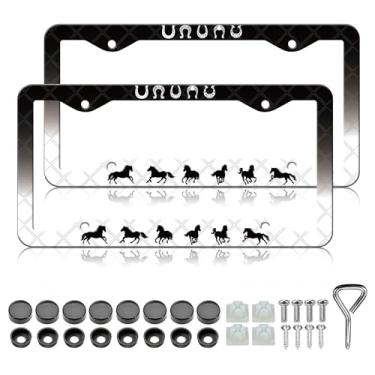 Imagem de Molduras para placa de carro de cavalo - pacote com 2 capas de suporte de placa de carro em ferradura engraçada, moldura de etiqueta de carro à prova d'água de metal de alumínio à prova de ferrugem