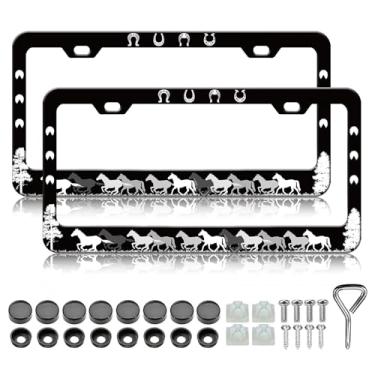 Imagem de Molduras para placa de carro de cavalo - Pacote com 2 capas de suporte de placa de carro em ferradura engraçadas, moldura de etiqueta de carro à prova d'água de metal de alumínio à prova de ferrugem