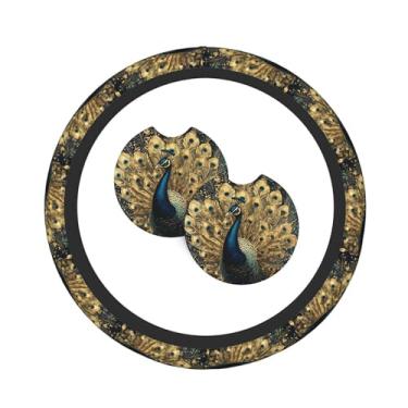 Imagem de Peacock Conjunto de 3 peças de decoração de capa de volante com 2 porta-copos, conjunto de interior de carro universal antiderrapante e confortável - serve para capa de volante de 14,5 a 15 polegadas