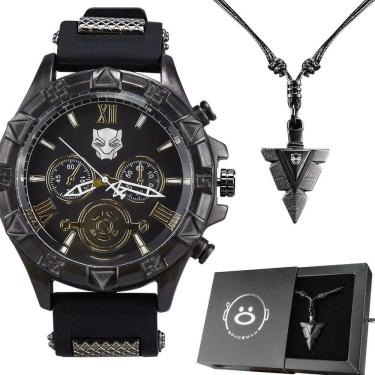 Imagem de Relogio Masculino Pantera Preto Aço Inox + Corrente Cordão Analogico Presente Casual autêntico Social