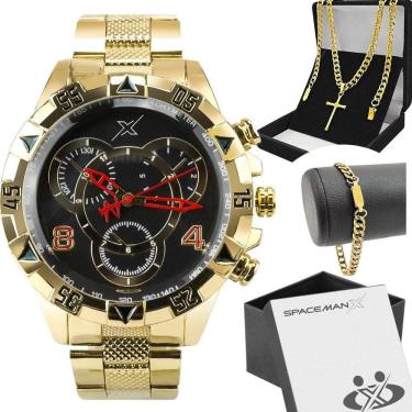 Imagem de Relogio Masculino Aço Dourado + Caixa + Pulseira Grande Mostrador Preto Religioso autêntico Ponteiro