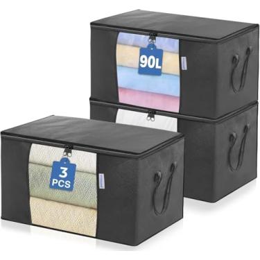 Imagem de ShopWizz Sacos de armazenamento grandes de 90L para roupas, pacote com 3 caixas de armazenamento dobráveis para organizador de armário, recipientes de armazenamento de cobertor e edredom com alças