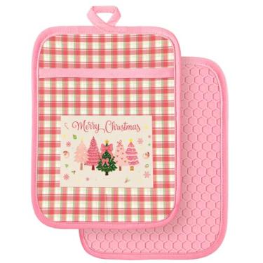 Imagem de Slohif Conjunto de 2 suportes de panela 100% algodão - Almofadas quentes de forno resistentes ao calor de Natal rosa para bancada, assar em casa, cozinhar no micro-ondas