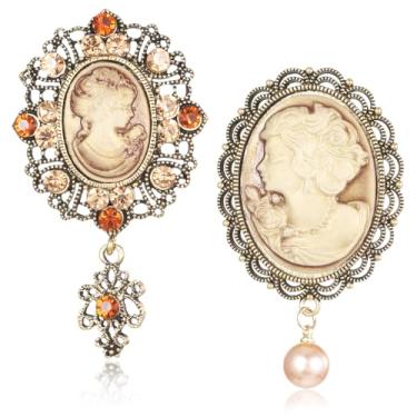 Imagem de 2 peças broche de camafeu vitoriano vintage, broches vitorianos com moldura de strass de cristal, pingente de pérola, broche de camafeu da rainha para mulheres, alfinetes de lapela, lenços, camisa