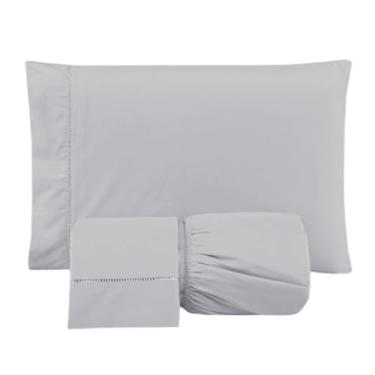 Imagem de Jogo de Lençol Casal King 3 Peças: Lençol com Elástico e Fronhas em Ponto Palito Micropercal 300 Fios 203x193cm (Versátil Simples/Cinza)