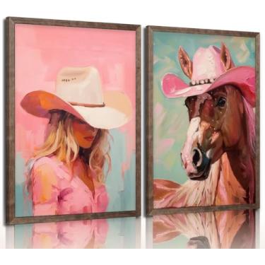 Imagem de 2 peças de arte de parede vaqueira ocidental rosa imagens de pinturas de cowboy e cavalo com chapéu vaqueira cavalo impressões em tela para quarto de meninas estilo pinturas a óleo ocidentais