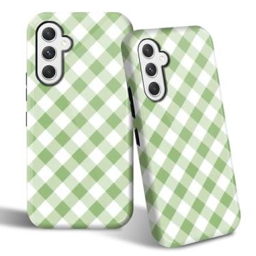 Imagem de SROJDHFJB Capa de telefone para Samsung Galaxy S25, capa protetora de 2 camadas com design impresso verde xadrez, parte traseira rígida + TPU macio bumper capa slim fit para homens e mulheres