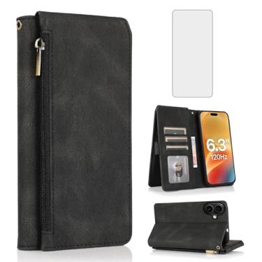 Imagem de Asuwish Capa carteira compatível com iPhone 17 de 6,3 polegadas, protetor de tela de vidro temperado e alça de pulso com zíper, capa flip de couro, suporte de cartão, acessórios para celular para i