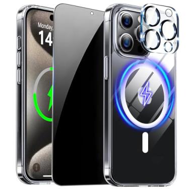 Imagem de ZOZDOKG Capa magnética para iPhone 15 Pro Max com protetor de tela de privacidade e capa completa para câmera, compatível com MagSafe Capa de telefone transparente à prova de choque para iPhone 15