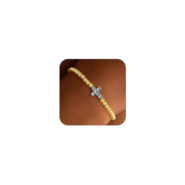 Imagem de Turandoss Pulseiras femininas banhadas a ouro 14K – Pulseira com pingente de cruz com contas de pedra do mês de nascimento criado por 12 meses, joias de Jesus, presentes de aniversário para mulheres