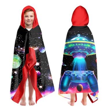 Imagem de Toalhas de praia com capuz para meninos com estampa de nave espacial para crianças de 4 a 8 anos, toalhas de banho com capuz para crianças adolescentes meninos 76 x 127 cm de secagem rápida preta