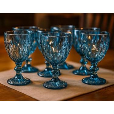 Imagem de Conjunto 6 Taças de Vidro Diamond Blue, Lapidação Diamante 325ml Base Azul, Qualidade Premium em Relevo, Elegância Sofisticação Bico de Jaca abacaxi