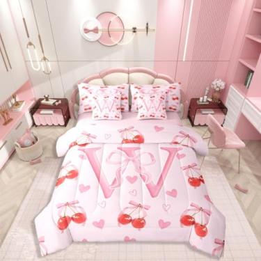 Imagem de Conjunto de cama solteiro com letra W com 7 peças, monograma com laço kawaii, estilo princesa, inclui edredom, conjunto de lençol, fronhas e fronhas, decoração de quarto de coração fofo para amantes