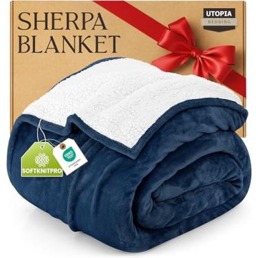Imagem de Utopia Bedding Cobertor sherpa California King Size (azul-marinho, 250 x 236 cm) - Cobertor reversível de lã de pelúcia macia para cama, sofá, acampamento e viagens