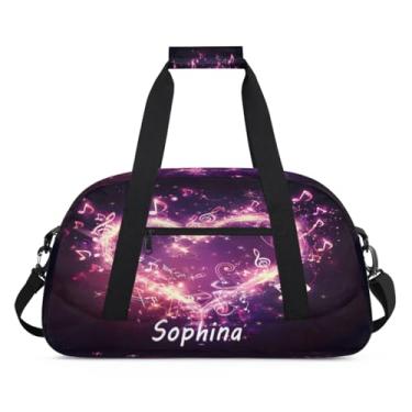 Imagem de Bolsa esportiva personalizada com coração, nota musical, rosa, com nome, bolsa de festa do pijama, bolsa de fim de semana, bolsa de treino para dança, balé, academia, ginástica, mala de viagem