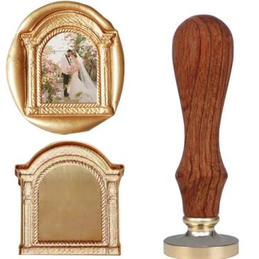 Imagem de VSECUON Carimbo de lacre de cera com moldura de arco em relevo 3D, cabeça de latão removível com alça de madeira, moldura de foto, carimbo de cera para convites de casamento, álbuns, cartas, presente