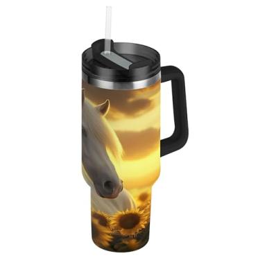 Imagem de SEHANY Copo Majestic Horse de 850 g com tampa e canudo, aço inoxidável de vácuo duplo isolado garrafa de água esportiva suporte de copo de café de viagem à prova de vazamento para bebida gelada