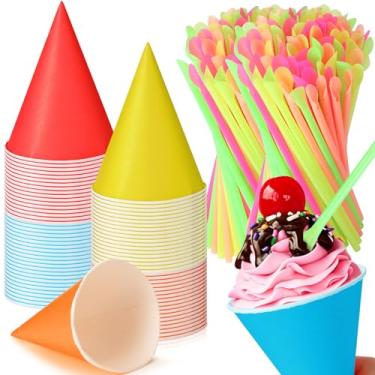 Imagem de Eaasty 100 peças de copos de cone de neve e canudos, colher de 127 g, canudos, copos de papel cônicos, descartáveis, colher de palha, para sorvete raspado, sorvete de água (colorido)