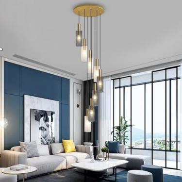 Imagem de Luminária pendente para escada com 8 lâmpadas ajustáveis, luminária de metal com cúpula em formato de colmeia, ideal para ilha de cozinha, hall de entrada de casa, sala de jantar, sala de es