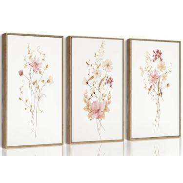 Imagem de 3 peças de arte de parede em tela floral rosa moderna blush flores rosa pintura botânica imagem decoração de parede pôster impressão arte para quarto sala de estar decoração de casa sem moldura