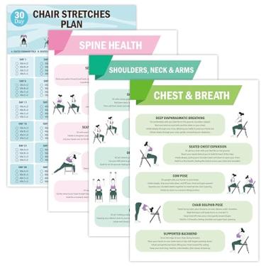 Imagem de TICIAGA Pôster de exercícios de ioga para cadeira - 12 peças, tabela de exercícios de alongamento de 30 dias e sentado suave para idosos e iniciantes, guia de exercícios de ioga para cadeira para