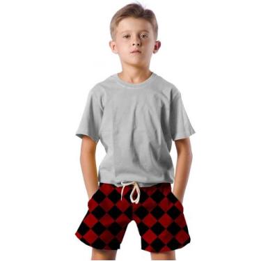 Imagem de Shorts Infantil Bermuda Calção Praia Verão Xadrez Arte Preto Red 603 -