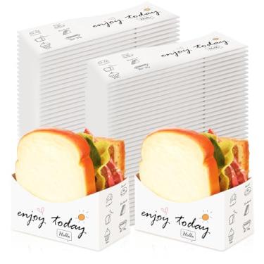 Imagem de Jingmore 100 caixas de sanduíche de papel para viagem, 5 x 7 x 7 cm, mini caixas de hambúrguer curvas, antiachatamento, suporte de torradas, bandeja de pão para recipientes de comida, hambúrguer