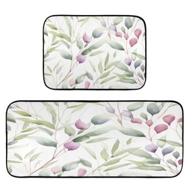 Imagem de Wassud Tapetes de cozinha com folhas verdes claras para o chão, decoração de casa, tapetes de cozinha acolchoados, antifadiga, tapetes de cozinha, antiderrapante, lavável, itens essenciais, conjunto