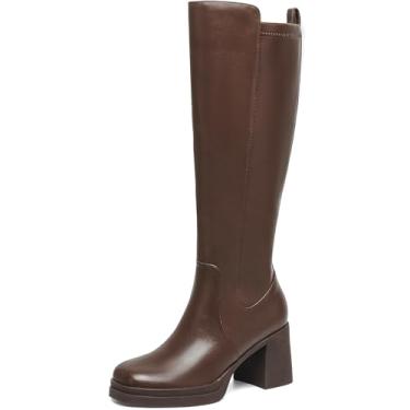 Imagem de TEAIEUI Botas de cano alto femininas plataforma salto grosso bico quadrado bota alta para mulheres salto alto zíper lateral botas longas, Marrom, 39