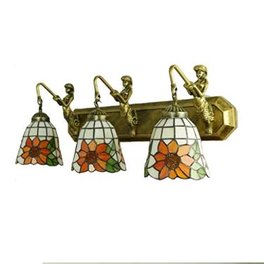Imagem de Arandela de parede estilo Tiffany com 3 lâmpadas, vitral, luminária de banheiro com estampa de girassol campestre, ideal para maquiagem e corredor. Soquete E27/E26 x 3, C.