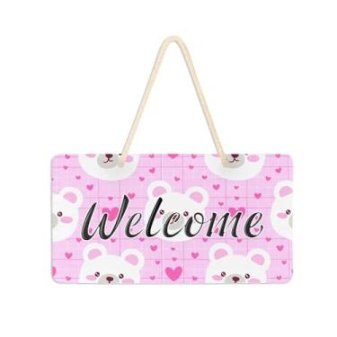 Imagem de Burbuja Placa de boas-vindas com cara de urso com bochechas cor-de-rosa para porta da frente, placa de boas-vindas de PVC para pendurar na parede, decoração de férias, 15 x 28 cm