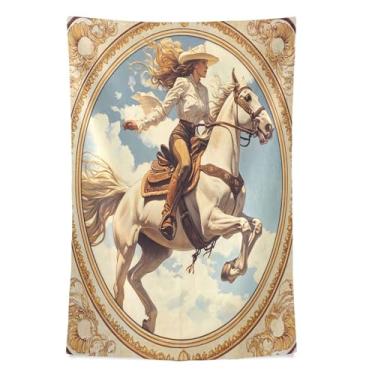 Imagem de STAYTOP Tapeçaria linda vaqueira montando um cavalo tapeçarias para decoração de casa decoração de dormitório sala de estar quarto tapete de parede (60 × 51 polegadas)