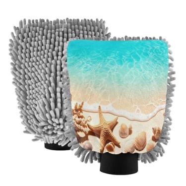 Imagem de STAYTOP Luvas de lavagem de carro estrela-do-mar e conchas de praia, 2 peças, luvas de microfibra de chenille, sem arranhões, panos de esponja de lavagem ultra absorventes para carros, limpeza