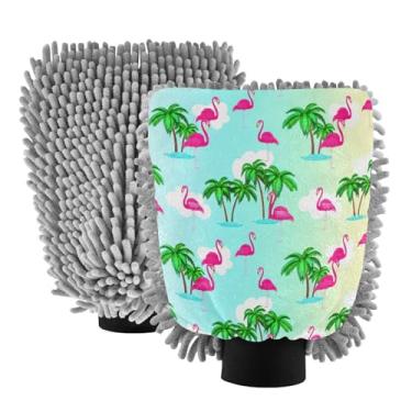 Imagem de STAYTOP Luvas de lavagem de carro flamingos e folhas de palmeira, 2 peças, luvas de microfibra de chenille, sem arranhões, panos de esponja de lavagem ultra absorventes para carros, limpeza doméstica