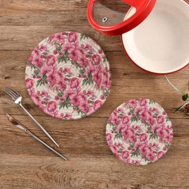 Imagem de CEBUGI Conjuntos de suportes de panela redondos de algodão para panelas quentes resistentes ao calor para cozinhar e assar, 2 peças de flores