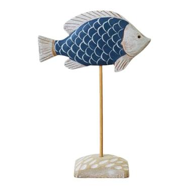Imagem de Wswqop Escultura de Peixe Sobre Suporte, Figura Decorativa Rústica para Mesa Ou Prateleira, Ideal para Fazenda Ou Escritório, Azul, Tamanho real