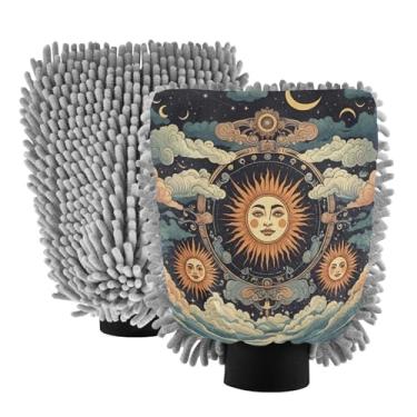Imagem de STAYTOP Luvas de lavagem de carro Sun with Stars, 2 peças, luvas de microfibra de chenille, sem arranhões, panos de esponja de lavagem ultra absorventes para carros, limpeza doméstica - G