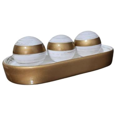 Imagem de Kit Decorativo Bandeja com bolas Cerâmica 4 Peças Acabamento Brilhante Enfeite Mesa(Branco e dourado)