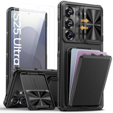 Imagem de SSLOTSCASE Capa para Samsung Galaxy S25 Ultra com 2 películas protetoras de tela, HD Clarity antiarranhões, suporte para cartão e suporte e capa de lente de câmera deslizante, capa de telefone