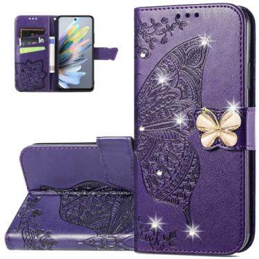 Imagem de Monwutong Capa carteira para Motorola G55, estampa de borboleta 3D, à prova de choque, capa flip de couro PU, fecho magnético e compartimentos para cartões de dinheiro para Moto G55, HZD roxo