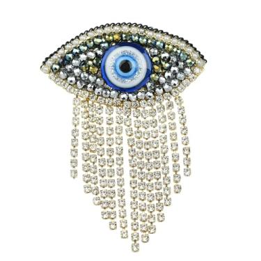 Imagem de YYBONNIE Broche de olho turco com corrente de cascata de strass, broche de lapela boêmio para festa de casamento, corpete de olho vintage feito à mão, Large, Latão Resina, Zircônia cúbica