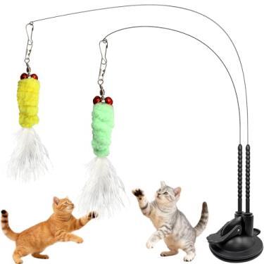 Imagem de Cat Toys Varinha de provocação interativa, brinquedo de peixe emplumado com base de ventosa, acessórios realistas de peixe e penas para famílias com vários gatos, perfeito para brincadeiras