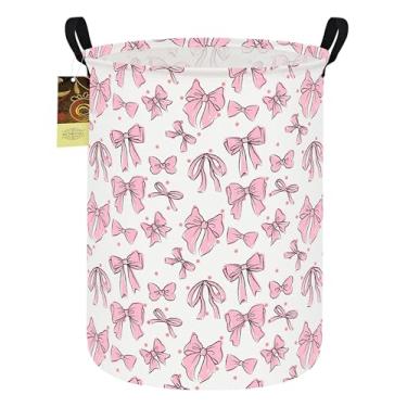 Imagem de HUNRUNG Cesto de lavanderia, cesta de armazenamento leve de tecido de lona grande organizador de brinquedos roupas sujas dobrável à prova d'água para dormitórios universitários (laço rosa redondo)