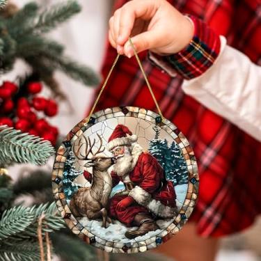 Imagem de Enfeite para pendurar janela redonda de acrílico com padrão artístico de papai noel, rena, prato de pendurar estilo apanhador de sol para exibição de jardim e Natal