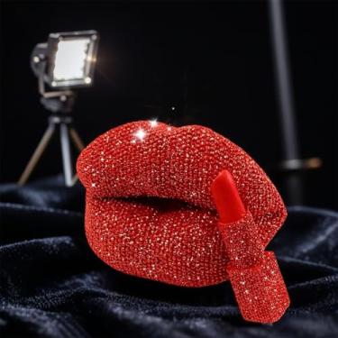 Imagem de Shlinnuo Estátua de resina para lábios e batom – Escultura decorativa de lábios com textura de contas para casa, penteadeira ou mesa, rosa vermelho dourado prata (4 cores)