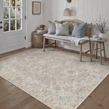 Imagem de WondRg Tapete lavável cinza e marrom 12 x 18 cm para sala de estar, quarto, neutro, floral, macio, antiderrapante, tapete envelhecido para sala de jantar, berçário, escritório, ambientes internos