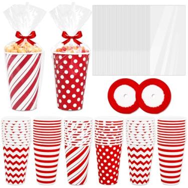 Imagem de Whaline 100 peças de copos de papel de Natal com sacos de celofane fita vermelha branca minimalistas estampa de bolinhas xícaras de café descartáveis para pipoca doce, Natal, aniversário, festa