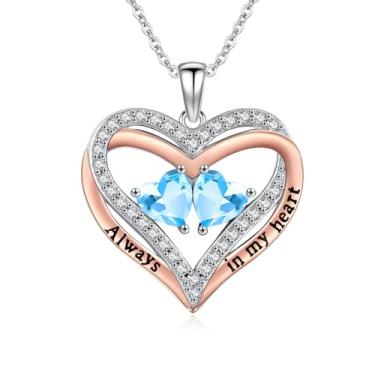 Imagem de Colar de coração feminino, banhado a ouro rosa 14K, pingente de coração duplo sobreposto, presente de aniversário de aniversário para esposa, mãe e filha, joia com pedra de nascimento duplo com