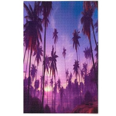 Imagem de Quebra-cabeça adulto 1000 peças paisagem arte animal palmeiras tropicais roxo homens presentes criativos família amantes presentes, 1000 peças, 75 x 50 cm